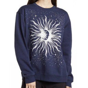 New Vinyl Icons Celestial Print Fleece Crewneck Sweatshirt Navy Blue Size XS